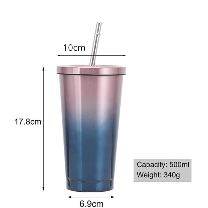 Double Wall Vacuum Insulated Tumbler with Steel Straw and Lid (Capacity-‎500 ml)